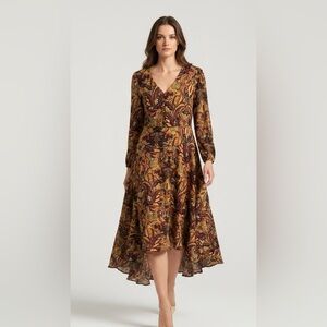 Vince Camuto Mustard/Brown/Burgundy Paisley High-Low Whimsigoth Wrap Dress XS